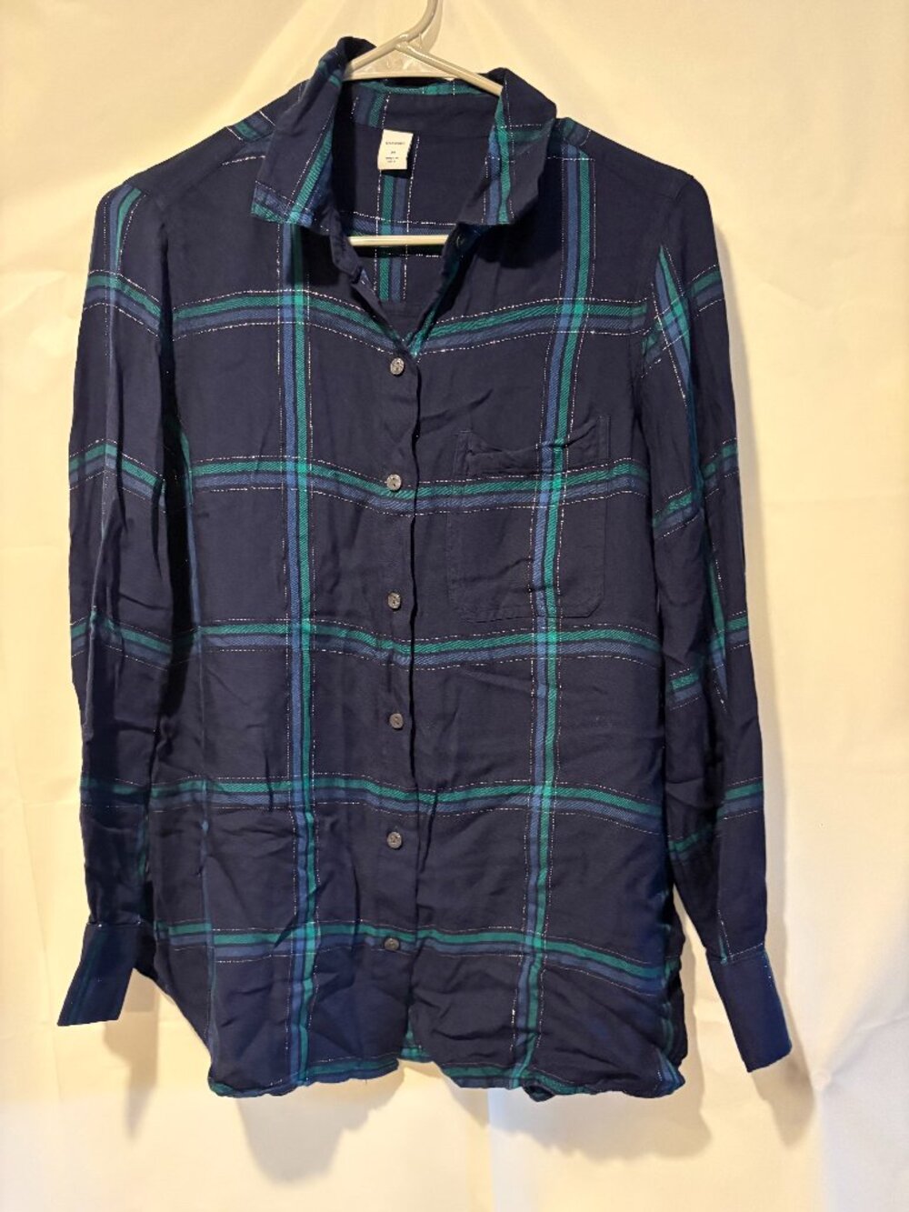 Womens Old Navy Size M Blue/Green Plaid Tunic Button Down Shirt